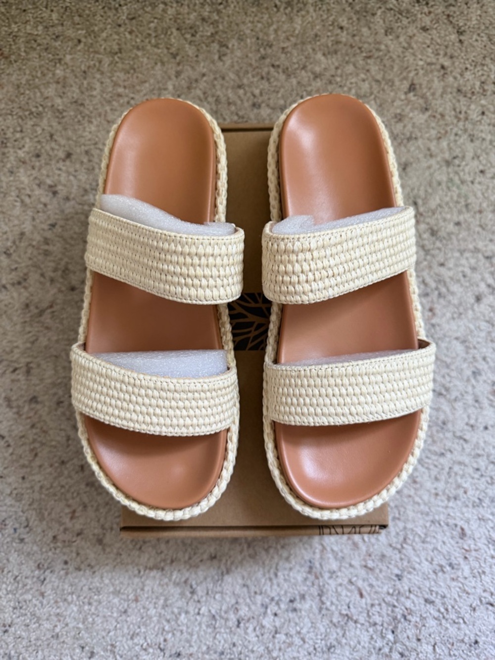 Boho Woven Platform Slide Sandals | Cream Raffia Double Strap | Size 8